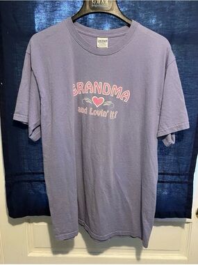 Gildan Lavender Crewneck Graphic Tee with Pink and White Print
